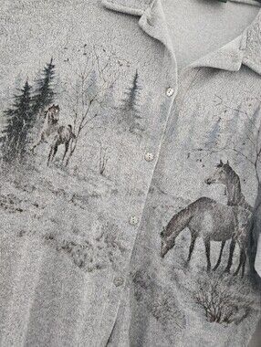 Button-Up Cardigan, Scalloped Bottom, Horse Print On Front, Back & Sleeves